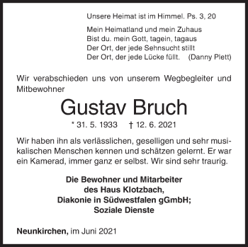 Traueranzeige von Gustav Bruch von Siegener Zeitung