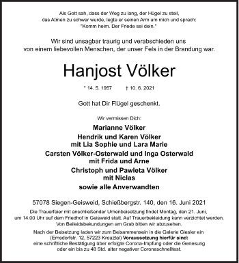 Traueranzeige von Hanjost Völker von Siegener Zeitung