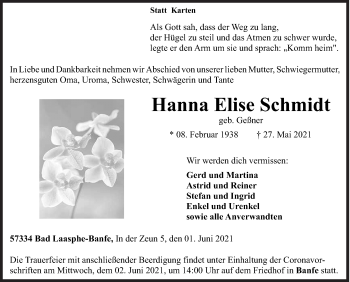 Traueranzeige von Hanna Elise Schmidt von Siegener Zeitung