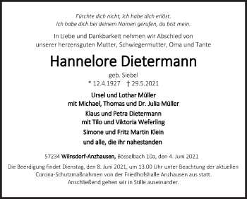 Traueranzeige von Hannelore Dietermann von Siegener Zeitung
