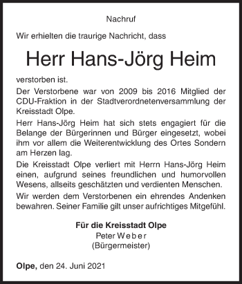 Traueranzeige von Hans-Jörg Heim von Siegener Zeitung