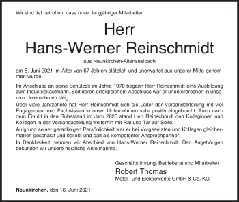 Traueranzeige von Hans-Werner Reinschmidt von Siegener Zeitung