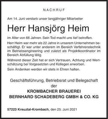 Traueranzeige von Hansjörg Heim von Siegener Zeitung
