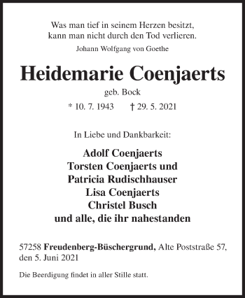 Traueranzeige von Heidemarie Coenjaerts von Siegener Zeitung