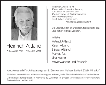 Traueranzeige von Heinrich Altland von Siegener Zeitung