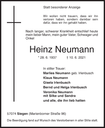Traueranzeige von Heinz Neumann von Siegener Zeitung