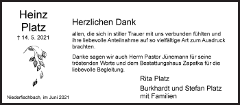 Traueranzeige von Heinz Platz von Siegener Zeitung