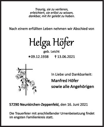 Traueranzeige von Helga Höfer von Siegener Zeitung