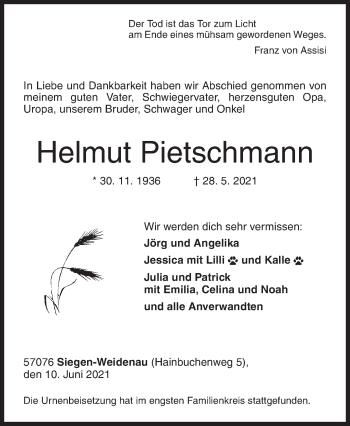 Traueranzeige von Helmut Pietschmann von Siegener Zeitung