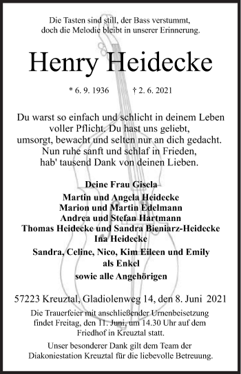 Traueranzeige von Henry Heidecke von Siegener Zeitung