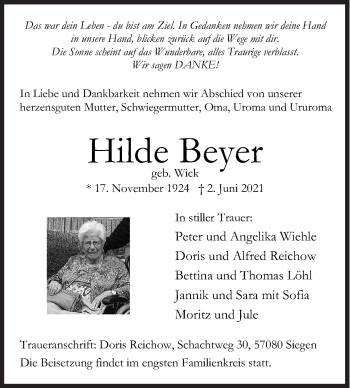 Traueranzeige von Hilde Beyer von Siegener Zeitung