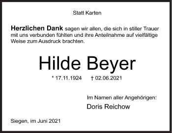 Traueranzeige von Hilde Beyer von Siegener Zeitung