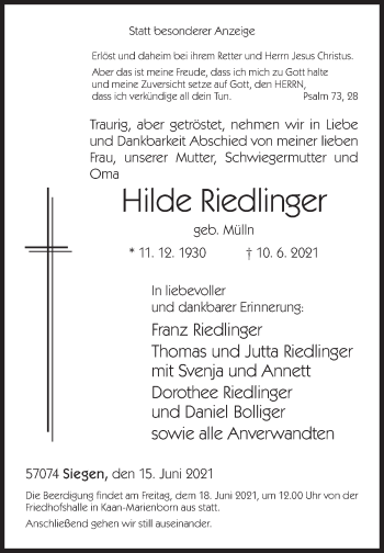 Traueranzeige von Hilde Riedlinger von Siegener Zeitung