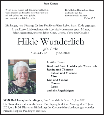 Traueranzeige von Hilde Wunderlich von Siegener Zeitung