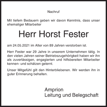 Traueranzeige von Horst Fester von Siegener Zeitung