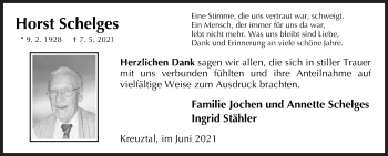 Traueranzeige von Horst Schelges von Siegener Zeitung
