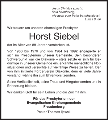 Traueranzeige von Horst Siebel von Siegener Zeitung