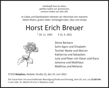 Traueranzeige von Horst Erich Breuer von Siegener Zeitung