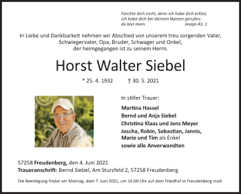 Traueranzeige von Horst Walter Siebel von Siegener Zeitung