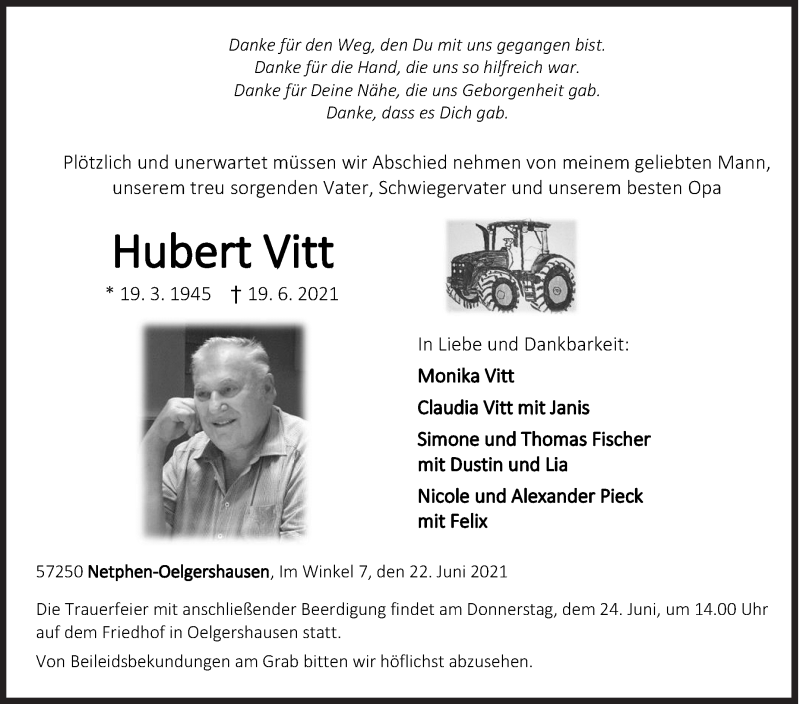  Traueranzeige für Hubert Vitt vom 22.06.2021 aus Siegener Zeitung