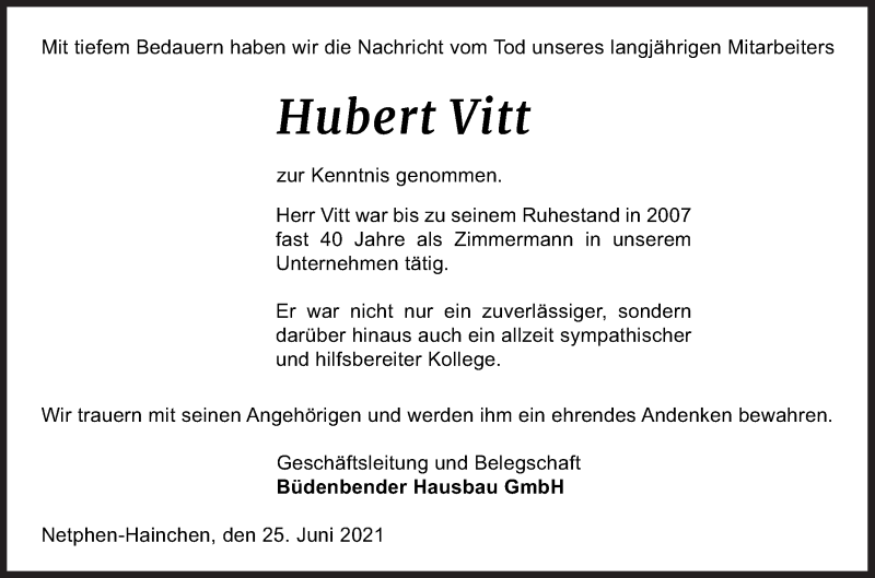  Traueranzeige für Hubert Vitt vom 25.06.2021 aus Siegener Zeitung