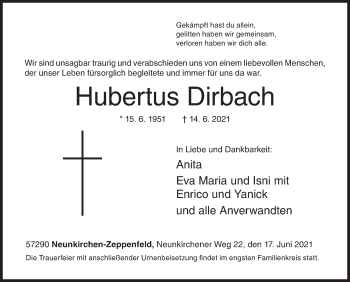 Traueranzeige von Hubertus Dirbach von Siegener Zeitung