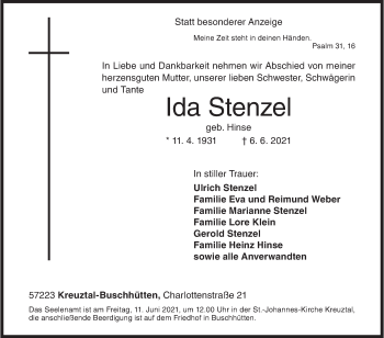 Traueranzeige von Ida Stenzel von Siegener Zeitung
