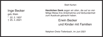 Traueranzeige von Inge Becker von Siegener Zeitung