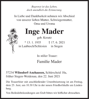 Traueranzeige von Inge Mader von Siegener Zeitung