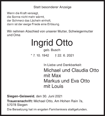 Traueranzeige von Ingrid Otto von Siegener Zeitung