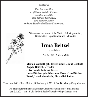Traueranzeige von Irma Beitzel von Siegener Zeitung