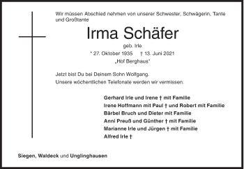Traueranzeige von Irma Schäfer von Siegener Zeitung