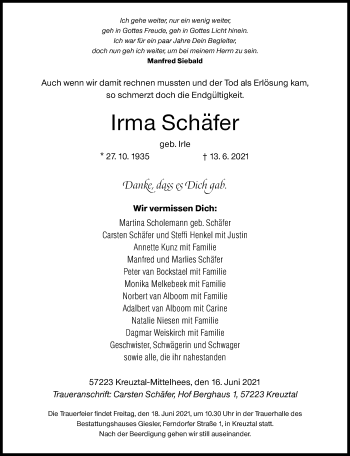 Traueranzeige von Irma Schäfer von Siegener Zeitung