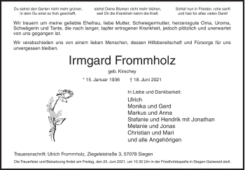 Traueranzeige von Irmgard Frommholz von Siegener Zeitung