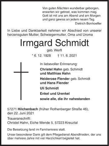 Traueranzeige von Irmgard Schmidt von Siegener Zeitung
