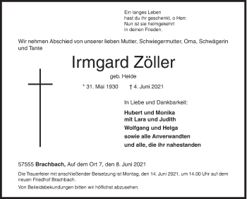 Traueranzeige von Irmgard Zöller von Siegener Zeitung