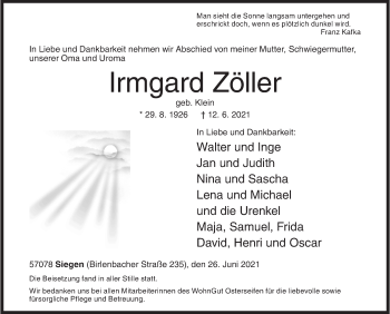 Traueranzeige von Irmgard Zöller von Siegener Zeitung