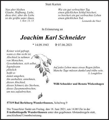 Traueranzeige von Joachim Karl Schneider von Siegener Zeitung