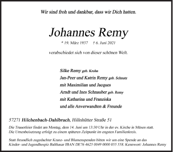 Traueranzeige von Johannes Remy von Siegener Zeitung