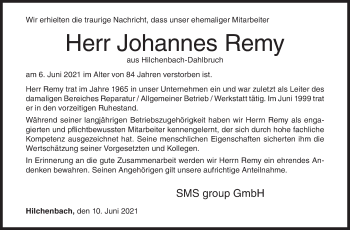 Traueranzeige von Johannes Remy von Siegener Zeitung