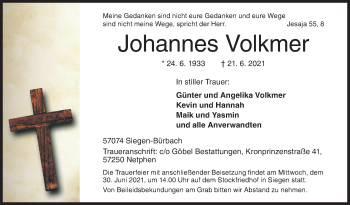 Traueranzeige von Johannes Volkmer von Siegener Zeitung