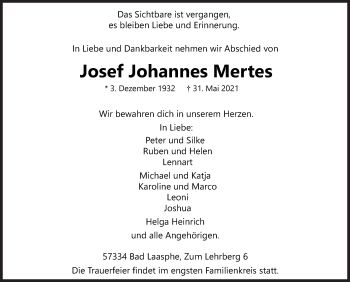 Traueranzeige von Josef Johannes Mertes von Siegener Zeitung