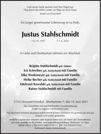 Traueranzeige von Justus Stahlschmidt von Siegener Zeitung