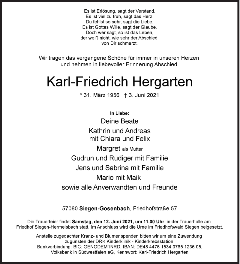  Traueranzeige für Karl-Friedrich Hergarten vom 08.06.2021 aus Siegener Zeitung