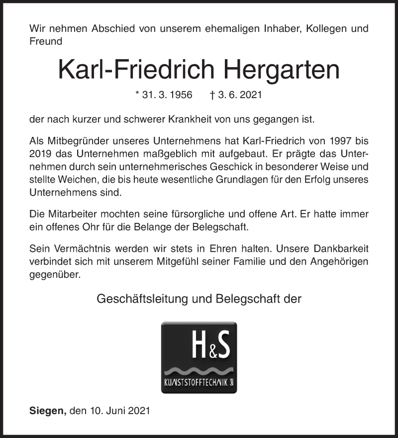  Traueranzeige für Karl-Friedrich Hergarten vom 10.06.2021 aus Siegener Zeitung