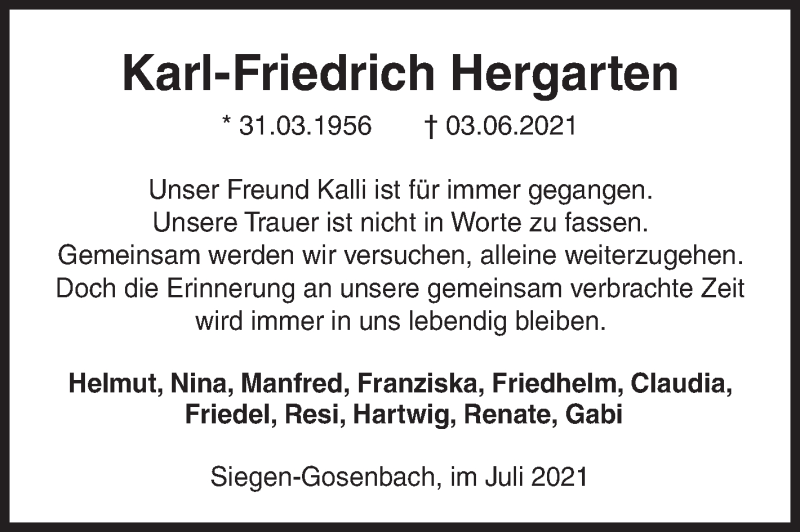  Traueranzeige für Karl-Friedrich Hergarten vom 08.06.2021 aus Siegener Zeitung
