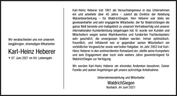 Traueranzeige von Karl-Heinz Heberer von Siegener Zeitung