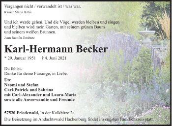 Traueranzeige von Karl-Hermann Becker von Siegener Zeitung