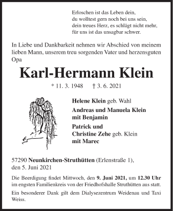 Traueranzeige von Karl-Hermann Klein von Siegener Zeitung