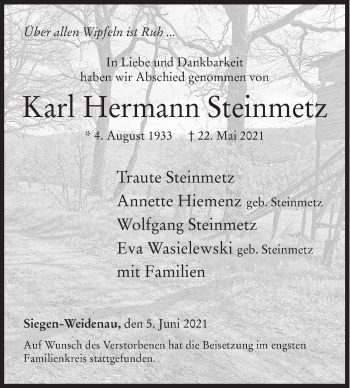 Traueranzeige von Karl Hermann Steinmetz von Siegener Zeitung